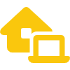 Gelbes Symbol von einem Haus mit einem Laptop davor.