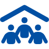 Symbol eines Hauses mit drei Personen darunter in Blau