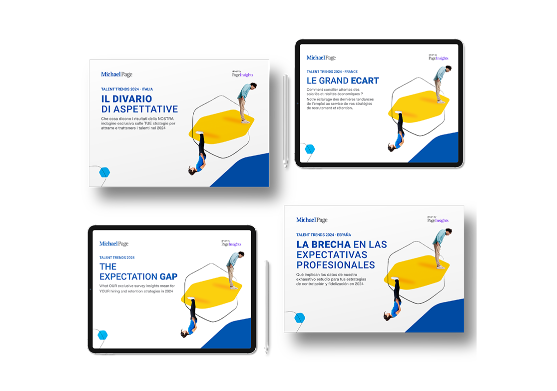 Vier Präsentationen über Talenttrends 2024 auf Tablets.