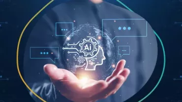 Hand hält einen AI-Globus mit digitalen Symbolen.
