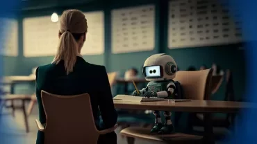 Ein kleiner Roboter sitzt in einem Büro gegenüber einer Person mit Laptop.