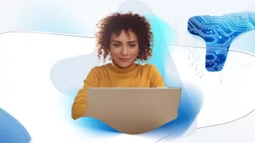 Frau am Computer vor Talent-Trends-Hintergrund