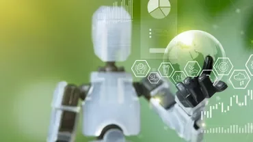 Ein Roboter hält in seiner geöffneten Hand eine leuchtende, schwebende Kugel.