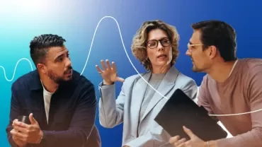 Three coworkers talking on a blue gradient background.