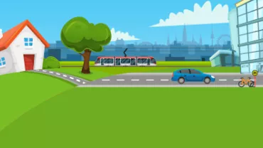 Illustration einer Straße mit Bahn, Auto und Fahrrad, umgeben von Gebäude und Baum.