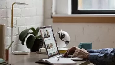 Person arbeitet an einem Laptop auf einem Schreibtisch neben einer Pflanze und einem Globus.