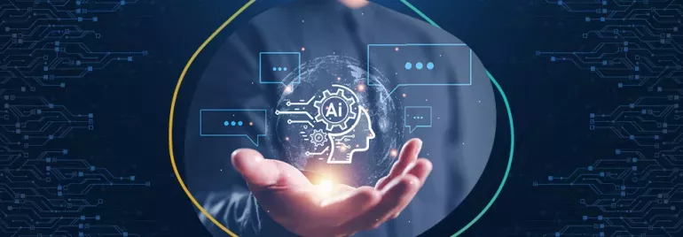 Hand hält einen AI-Globus mit digitalen Symbolen.