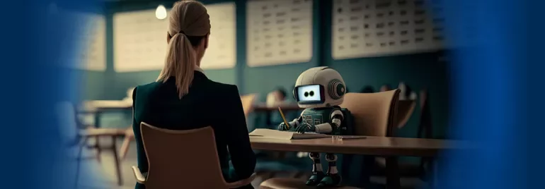 Ein kleiner Roboter sitzt in einem Büro gegenüber einer Person mit Laptop.