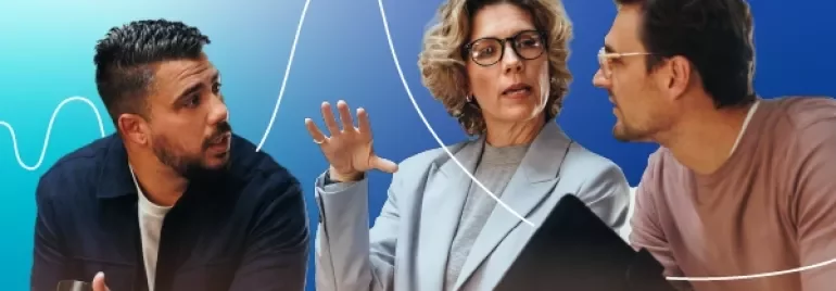 Three coworkers talking on a blue gradient background.