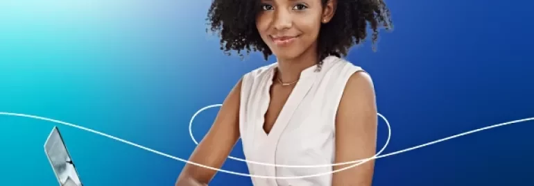 A lady holding a laptop on a blue gradient background.
