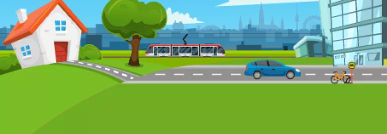 Illustration einer Straße mit Bahn, Auto und Fahrrad, umgeben von Gebäude und Baum.