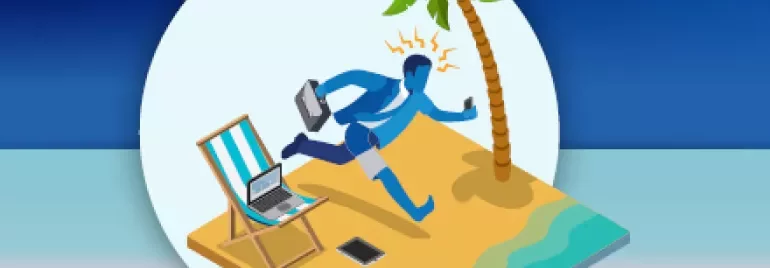 Mann rennt mit Laptop von Strandtisch weg, besorgt.