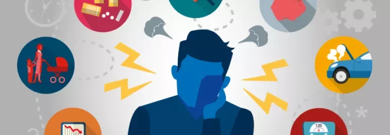 Person mit Symbolen für Stress und Sorgen wie Gesundheit, Finanzen und Arbeit.