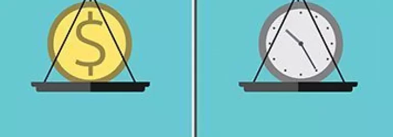 Illustration einer Waage mit Geld und Uhr.