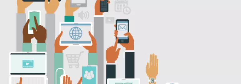 Verschiedene Hände halten Tablets und Smartphones mit digitalen Symbolen.