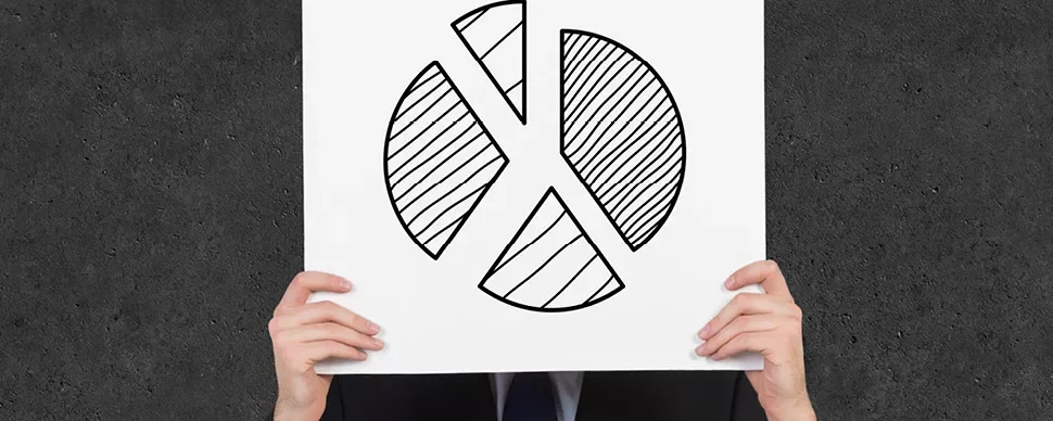 Person hält ein Poster mit handgezeichnetem Kuchendiagramm vor dem Gesicht.