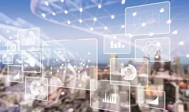 Digitale Grafiken und Datenvisualisierungen über einer verschwommenen Stadtlandschaft.