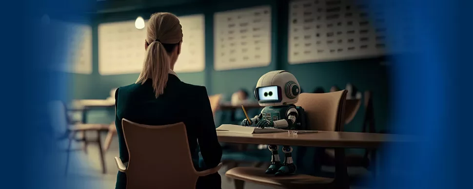 Ein kleiner Roboter sitzt in einem Büro gegenüber einer Person mit Laptop.