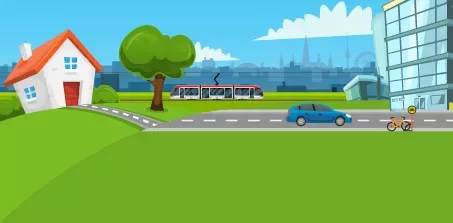 Illustration einer Straße mit Bahn, Auto und Fahrrad, umgeben von Gebäude und Baum.
