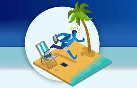 Mann rennt mit Laptop von Strandtisch weg, besorgt.